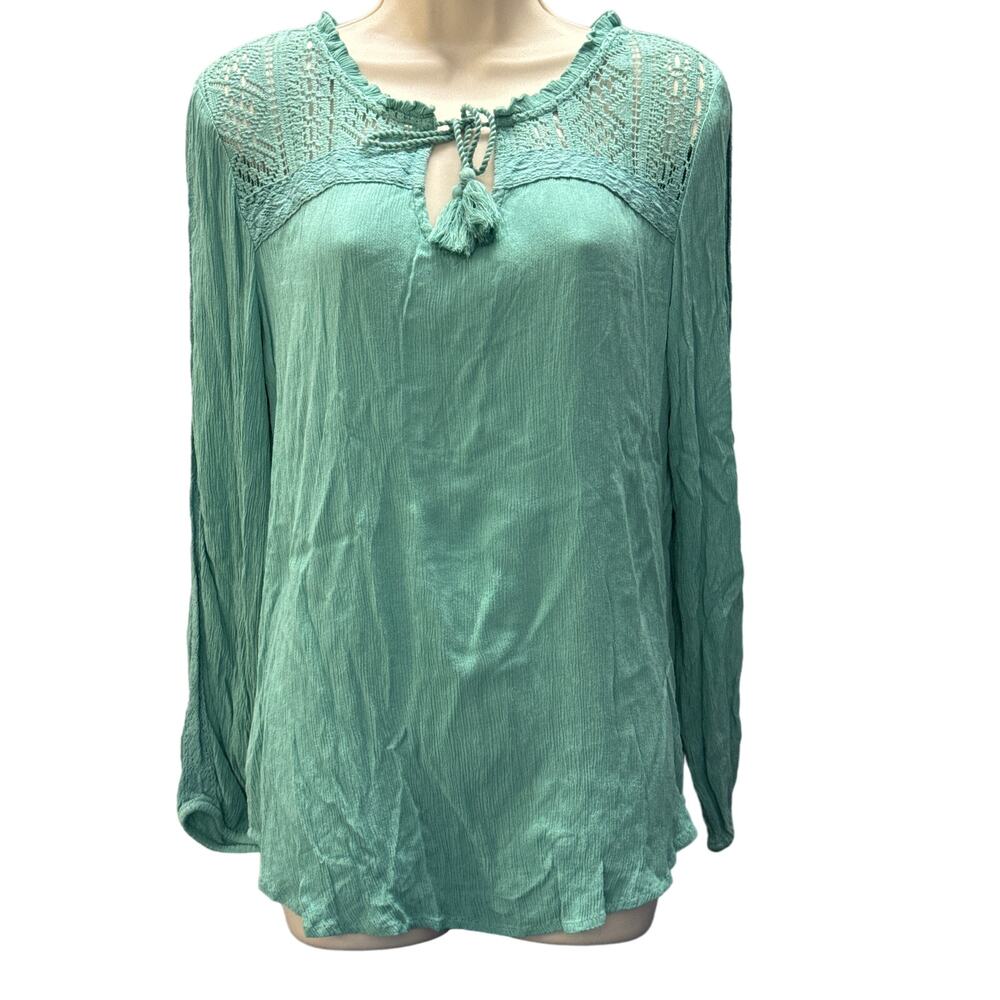 Bob Timberlake Women Seafoam Green Lace Yoke Boho Blouse Tassel‎ Tie Medium